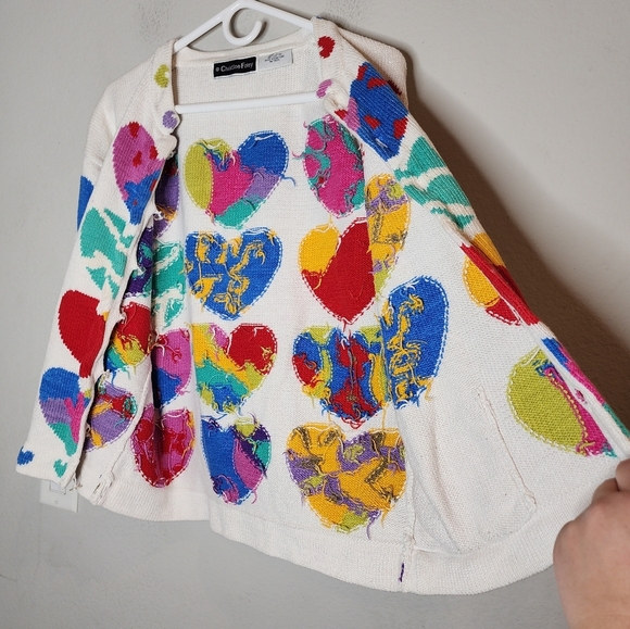 Vintage Christine Foley Heart Multi White knit button cardigan size 1 medium - Picture 5 of 16